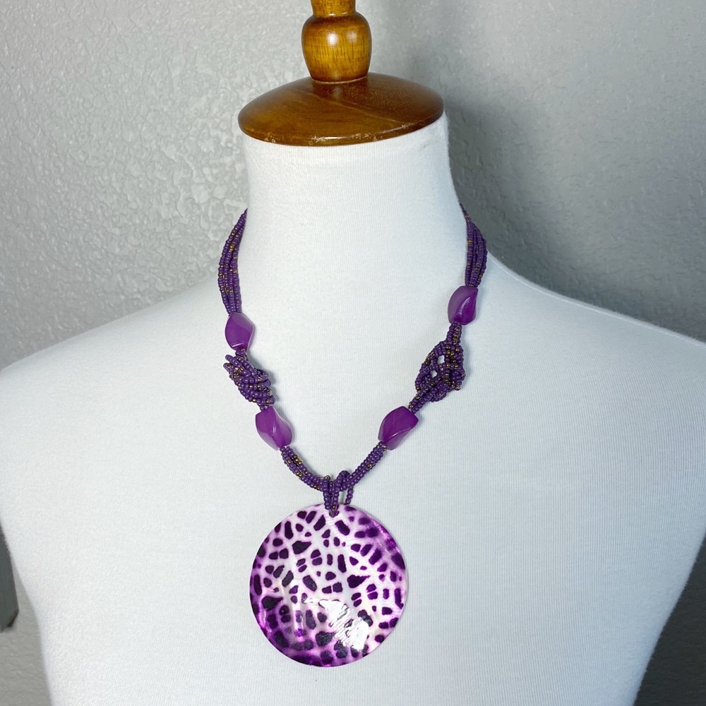 Purple Leopard Print Shell Statement Necklace